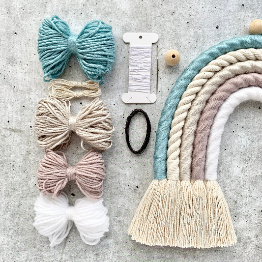 DIY Kit Makramee Regenbogen, Wandbehang, blau-beige, Bastelset
