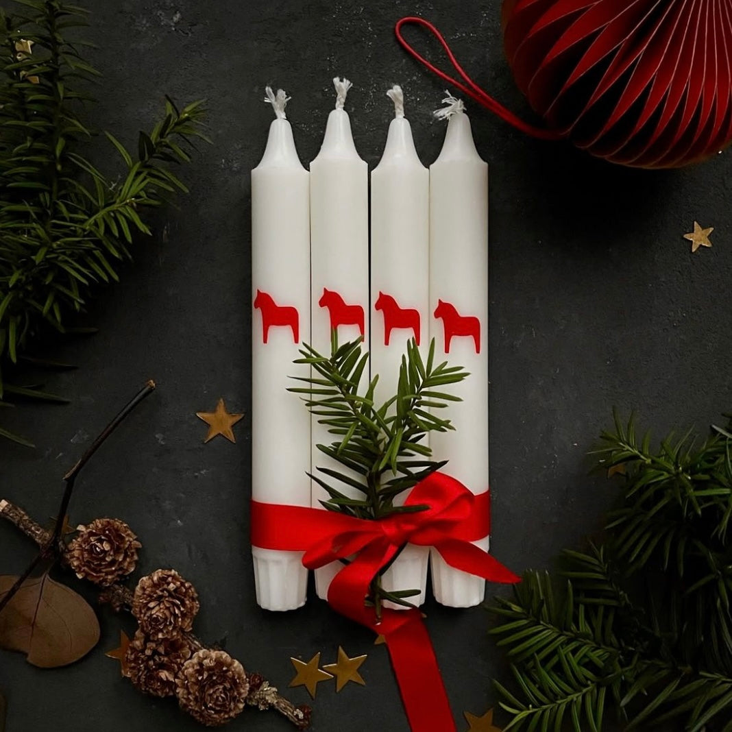 Kerzen | Weihnachten Dala rot-weiß | 4er Set