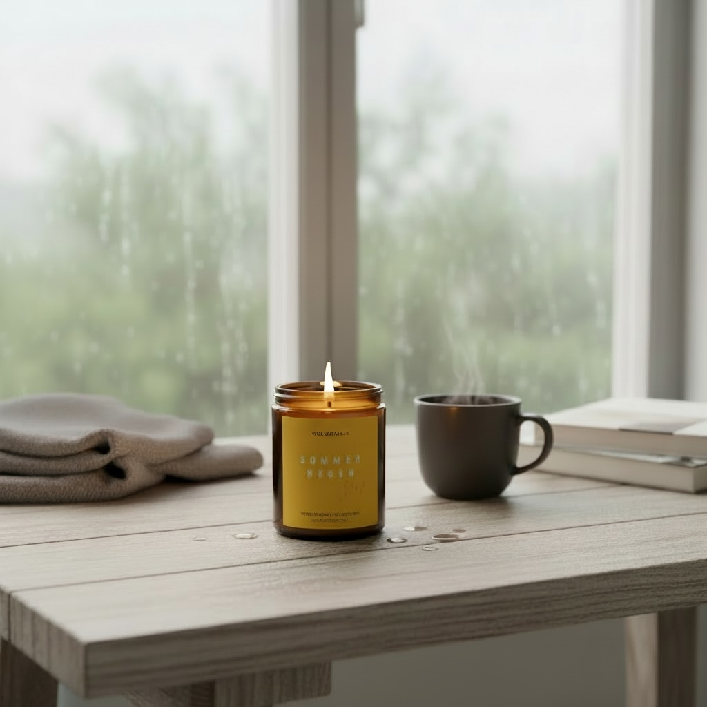 Sommerregen Duftkerze auf Fensterbank – frischer, erdiger Duft, der an Sommerregen erinnert