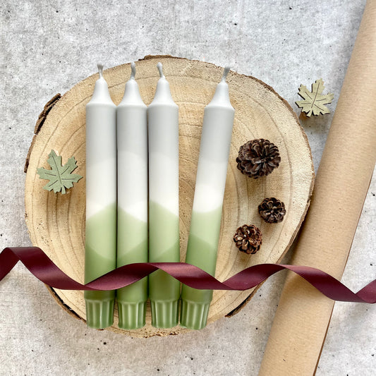 Dip Dye Kerzen in Olive und Grau im 4er Set – handgemachte Stabkerzen