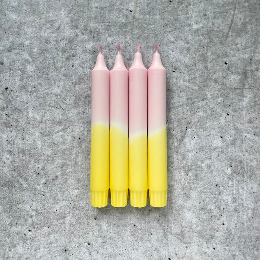 Dip Dye Kerzen im Rosa‑Gelb Mix – 4 handgemachte bunte Stabkerzen