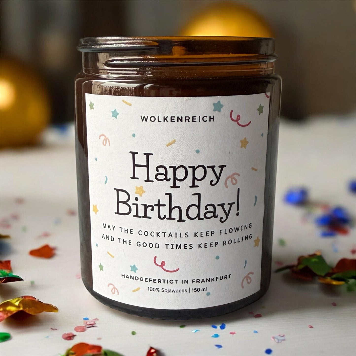 Sojawachs Geburtstagskerze Happy Birthday mit Konfetti-Design