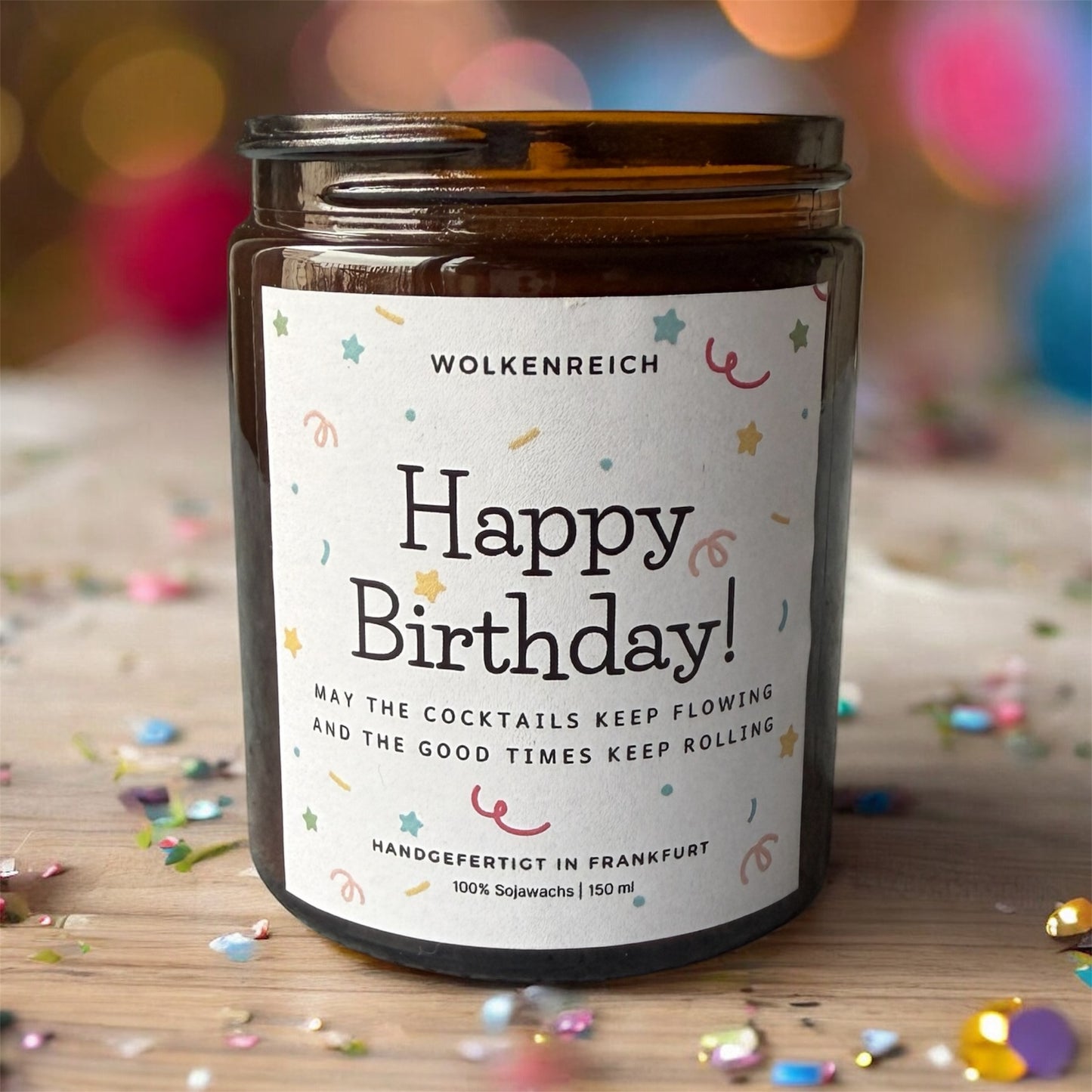 Geburtstagskerze Happy Birthday mit fröhlichem Konfetti-Motiv